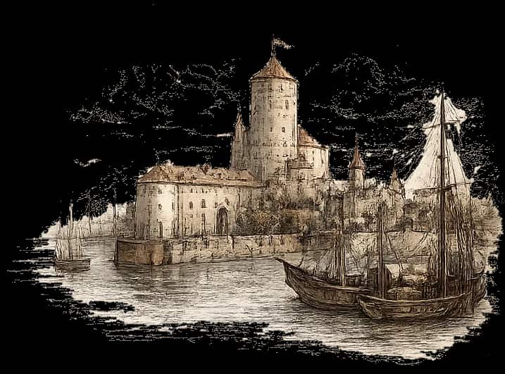 Иллюстрация в стиле старинной гравюры: крепость у воды и парусные суда